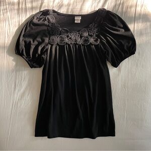 Black Puff Sleeve Blouse with Floral Decoration